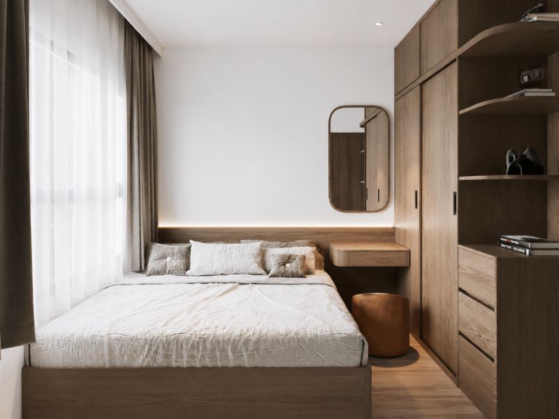 thiết kế nội thất phòng ngủ chung cư 45m2 phong cách tối giản