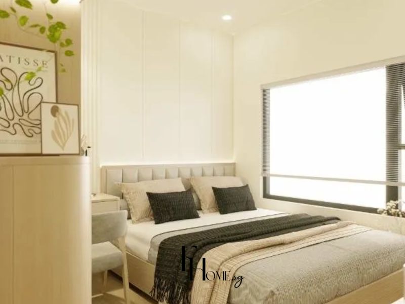 Dự án thiết kế nội thất phòng ngủ chung cư 70m2 tại Vinhomes Grand Park phòng ngủ chính giường gỗ sồi nhạt đầu giường ốp panel trắng LED, cây xanh, tranh Matisse