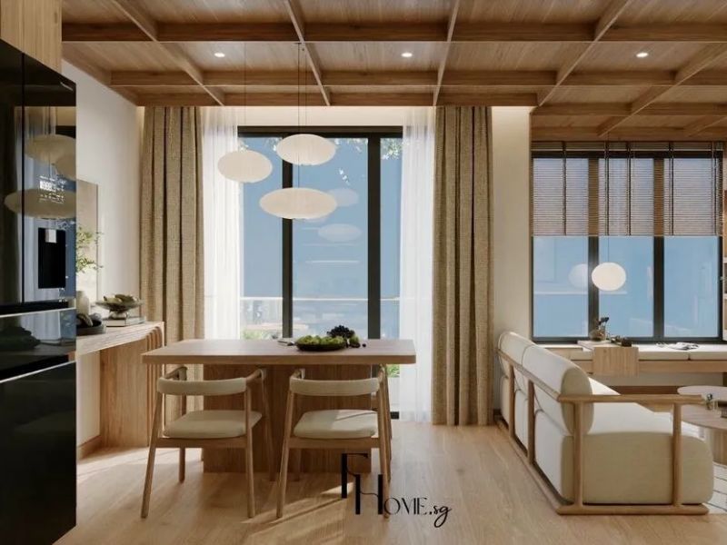 Giải pháp tối ưu ánh sáng tự nhiên chung cư 70m2 cửa sổ lớn 2 mặt, đèn thả cầu giấy 3 tầng, trần gỗ ô vuông, sofa kem băng ghế cửa sổ
