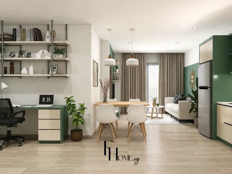 Góc nhìn toàn diện thiết kế nội thất căn hộ chung cư 70m2 phong cách Scandinavian góc làm việc bàn xanh lá kem kệ sắt mở, bàn ăn gỗ ghế trắng đèn thả trắng, phòng khách sofa kem, tường accent xanh lá xuyên suốt