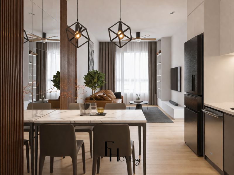 Góc nhìn tổng thể thiết kế nội thất căn hộ chung cưu 70m2 phong cách Tối Giản 