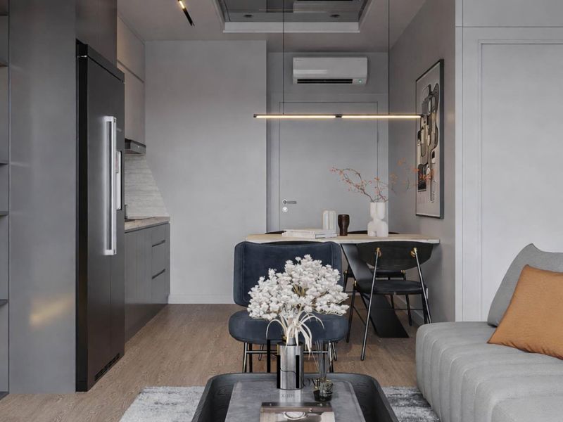  Phòng khách 70m2 phong cách Luxury trần kính khói phản chiếu, sofa xám, ghế ăn nhung xanh đen