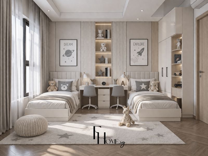 Thiết kế nội thất phòng ngủ cho bé chung cư 70m2 2 phòng ngủ với 2 giường đơn trắng ngăn kéo, bàn học đôi giữa kệ LED, tủ âm tường kệ mở, thảm sao xám be