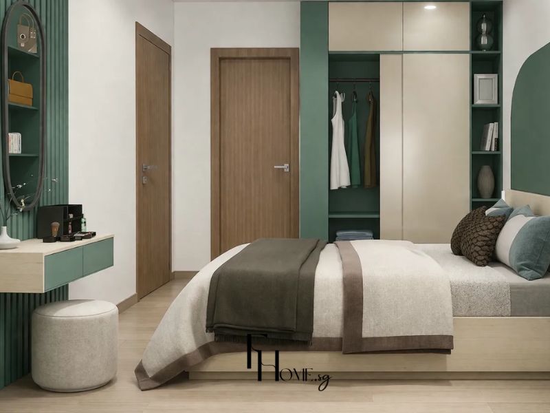 Thiết kế nội thất phòng ngủ chung cư 70m2 phong cách Scandinavian giường kem nền gỗ sồi, tủ quần áo mở kem xanh lá, bàn trang điểm treo tường, gương oval viền đen, tường lam xanh lá
