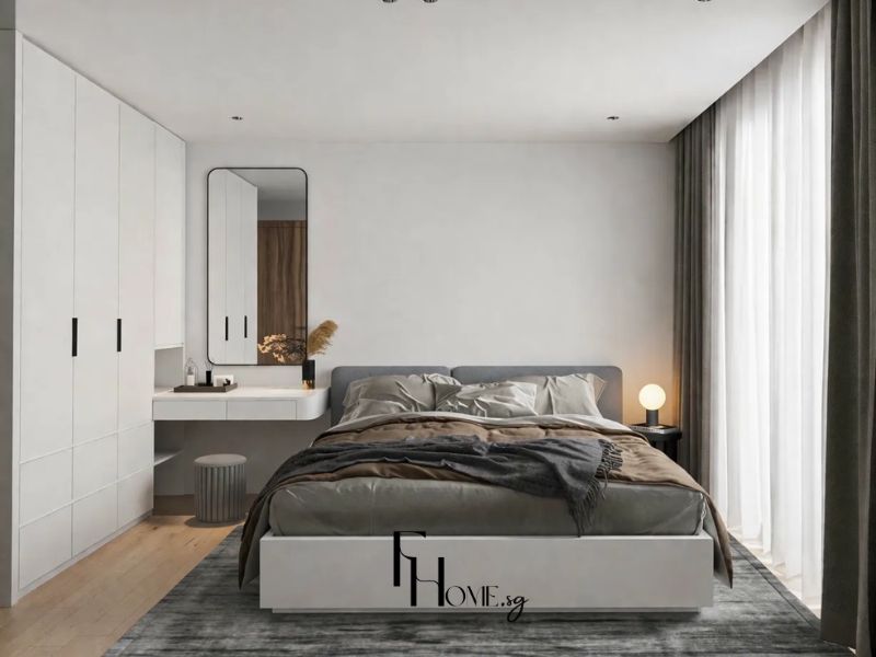 Thiết kế nội thất phòng ngủ chung cư 70m2 phong cách Tối giản giường bọc đầu vải xám, tủ quần áo trắng kịch trần, bàn trang điểm liền tủ, gương viền đen