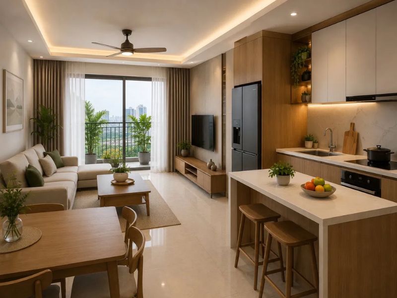  Lưu ý phong thủy khi thiết kế chung cư 80m2 với bếp đặt lệch hướng cửa chính và phòng khách liền bếp tông gỗ sáng