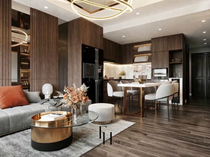 thiết kế nội thất phòng bếp căn hộ chung cư 80m2 phong cách Luxury