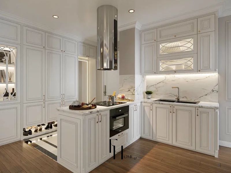 thiết kế nội thất phòng bếp chung cư 80m2 phong cách Tân Cổ Điển