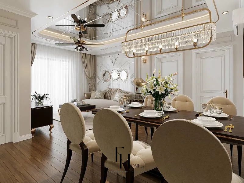 thiết kế nội thất phòng khách chung cư 80m2 phong cách Tân Cổ Điển