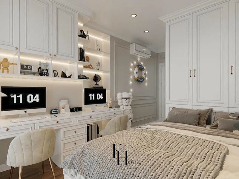 thiết kế nội thất phòng ngủ chung cư 80m2 phong cách Tân Cổ Điển