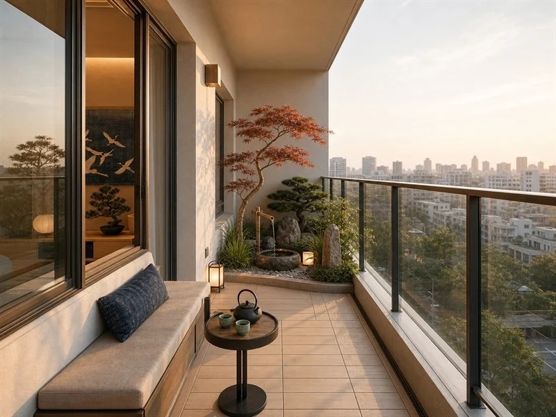 Ban công chung cư 50m² phong cách Nhật Bản với băng ghế, bàn trà nhỏ và tiểu cảnh cây xanh
