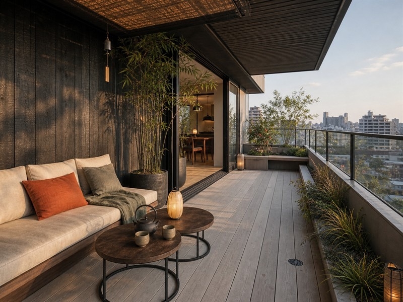 Ban công chung cư 70m² phong cách Nhật Bản với ghế dài và cây xanh