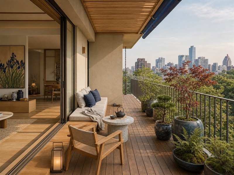 Ban công chung cư 80m² phong cách Nhật Bản