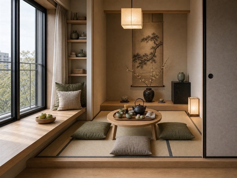 Bàn trà tròn trong chung cư 60m² phong cách Nhật Bản đặt trên chiếu Tatami, xung quanh có đệm ngồi