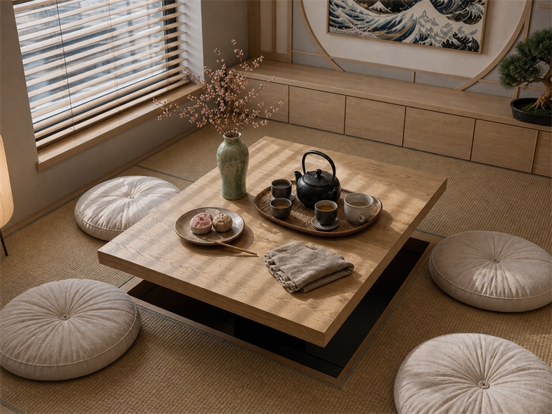 Bàn trà thấp trong góc trà đạo chung cư 40m² với chiếu Tatami, đệm ngồi và bộ ấm chén gốm