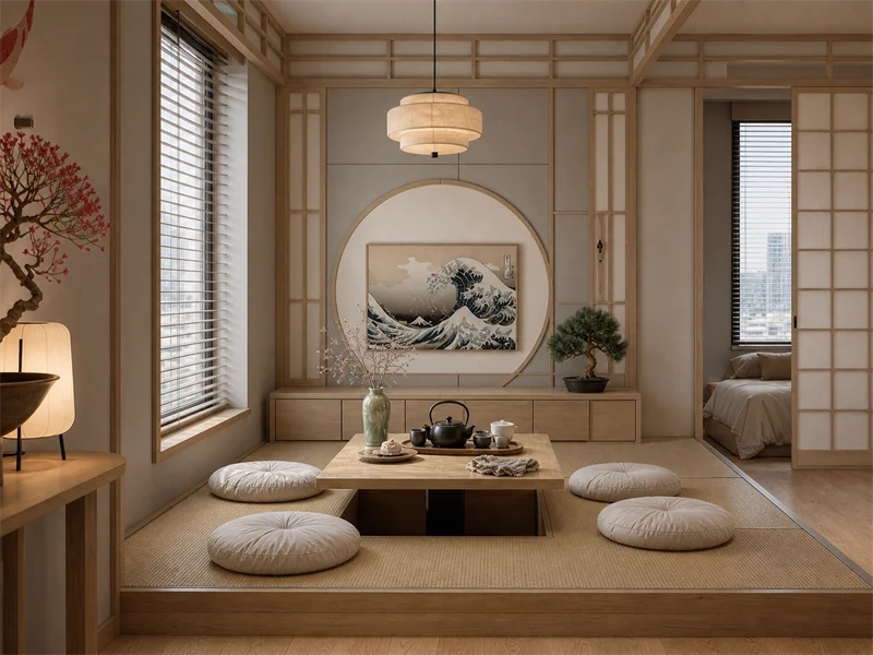 Góc trà đạo chung cư 40m² phong cách Nhật Bản với chiếu Tatami, bàn thấp và vách trượt