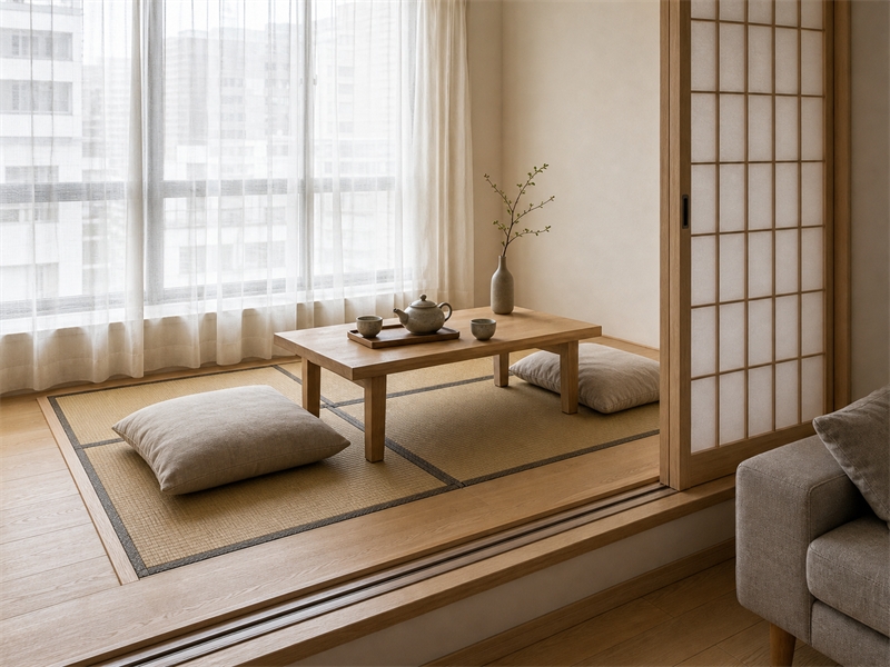 Góc trà đạo chung cư phong cách Nhật Bản có sàn Tatami cạnh cửa sổ 