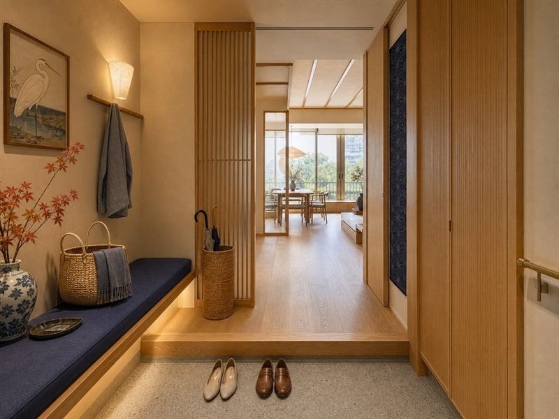 Lối vào Genkan chung cư 80m² phong cách Nhật Bản