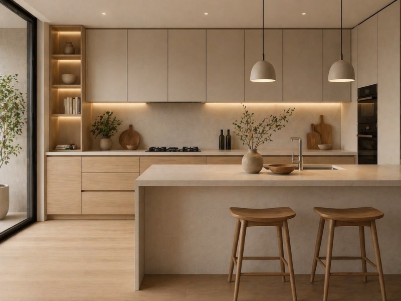 Mẫu thiết kế phòng bếp chung cư phong cách Nhật Bản với hệ tủ phẳng và đảo bếp liền bàn ăn