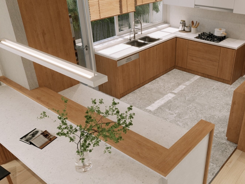 Mẫu thiết kế phòng bếp chung cư phong cách Nhật Bản với tủ bếp chữ L bằng gỗ tự nhiên và mặt bàn trắng