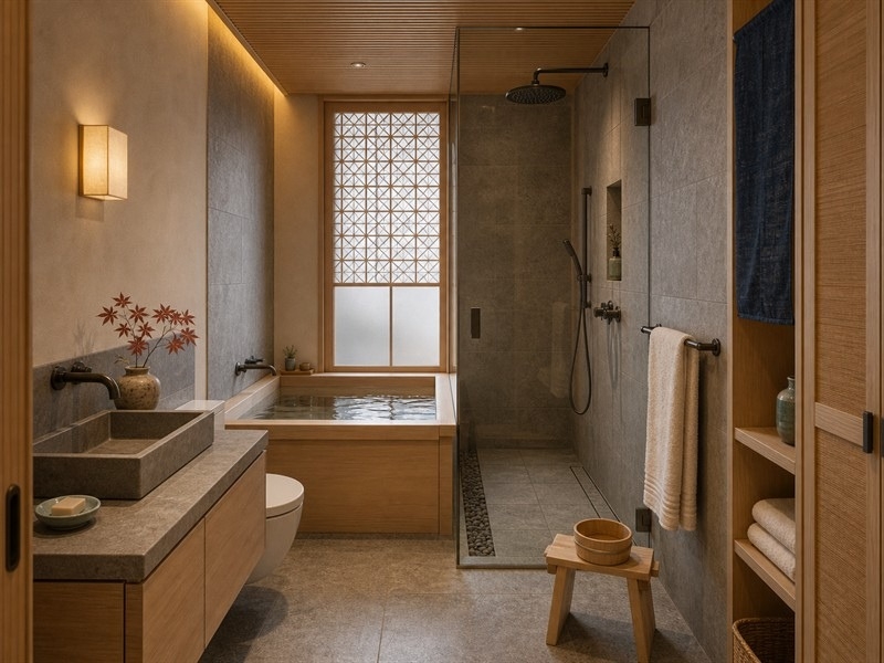 Nhà vệ sinh chung cư 50m² phong cách Nhật Bản với bồn ngâm, khu tắm đứng có vách kính và tủ lavabo gỗ