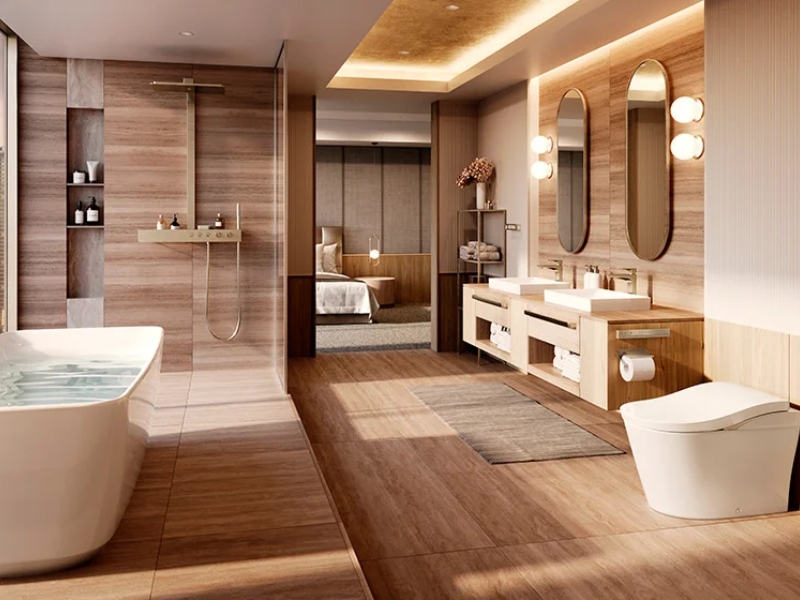 Nội thất phòng tắm chung cư phong cách Nhật Bản với bồn tắm sâu và khu tắm đứng ốp gỗ nâu ấm