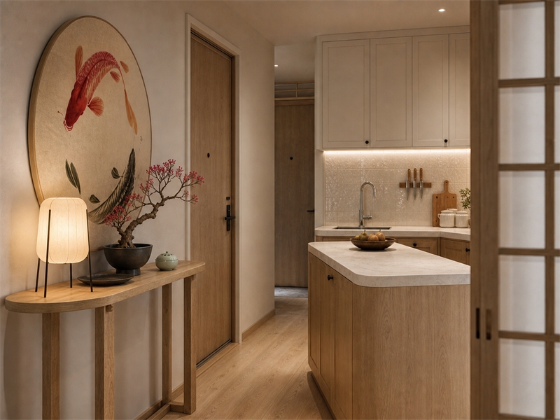 Phòng bếp trong chung cư 40m² phong cách Nhật Bản với tủ gỗ, mặt bàn đá sáng và vách trượt Shoji