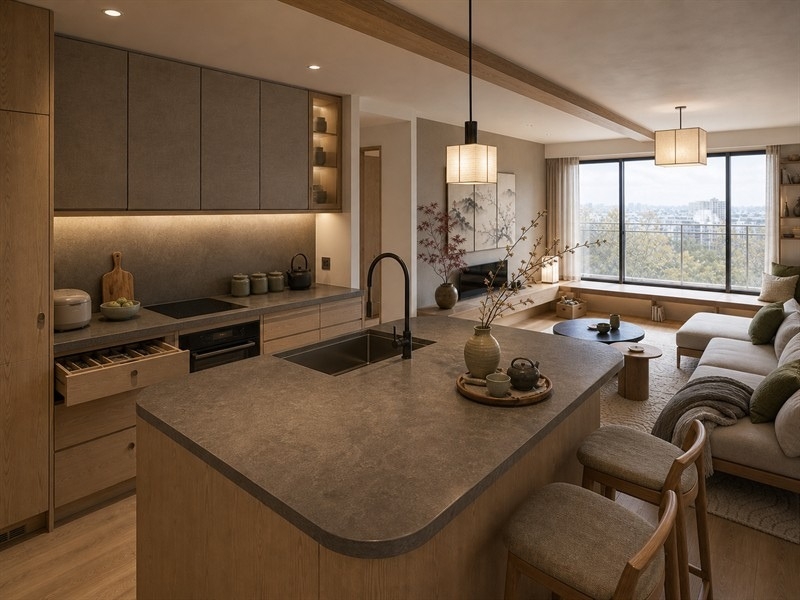 Phòng bếp chung cư 60m² phong cách Nhật Bản liên thông phòng khách với mặt bàn lớn, bồn rửa và hai ghế ngồi