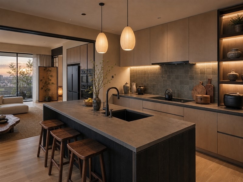 Phòng bếp chung cư 70m² phong cách Nhật Bản với quầy bếp trung tâm
