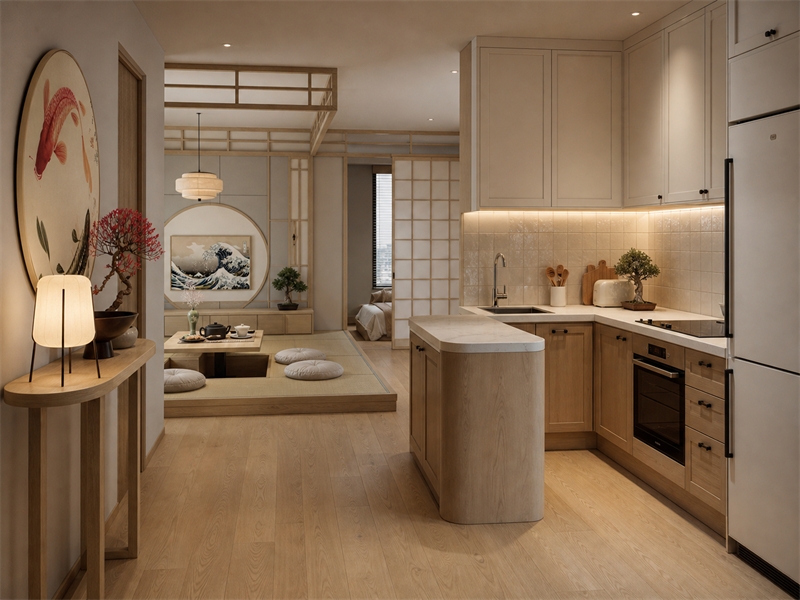 Phòng bếp liên thông góc trà trong chung cư 40m² phong cách Nhật Bản với tủ bếp chữ L và vách trượt Shoji