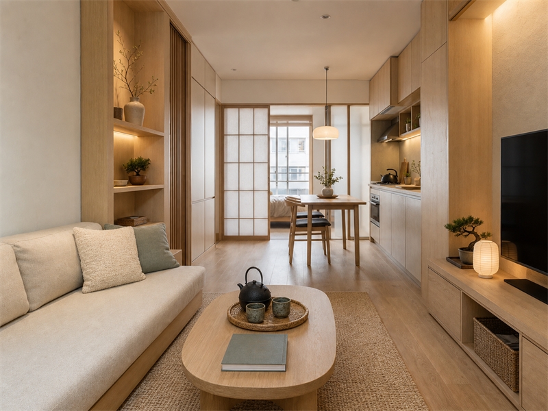 Phòng khách chung cư 40m² phong cách Nhật Bản với sofa sáng màu, bàn trà bo góc và kệ tivi thấp