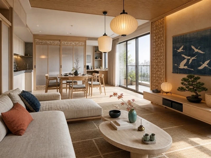 Phòng khách chung cư 50m² phong cách Nhật Bản với sofa chữ L, bàn trà bo góc và kệ tivi