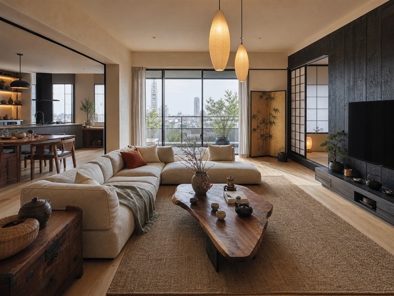 Phòng khách chung cư 70m² liền kề bếp, đón sáng qua cửa kính lớn