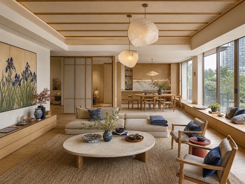 Phòng khách chung cư 80m² phong cách Nhật Bản