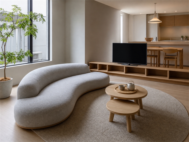 Thiết kế nội thất phòng khách chung cư phong cách Nhật Bản có sofa cong cạnh cửa sổ 