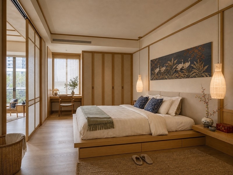  Phòng ngủ chính chung cư 80m² phong cách Nhật Bản