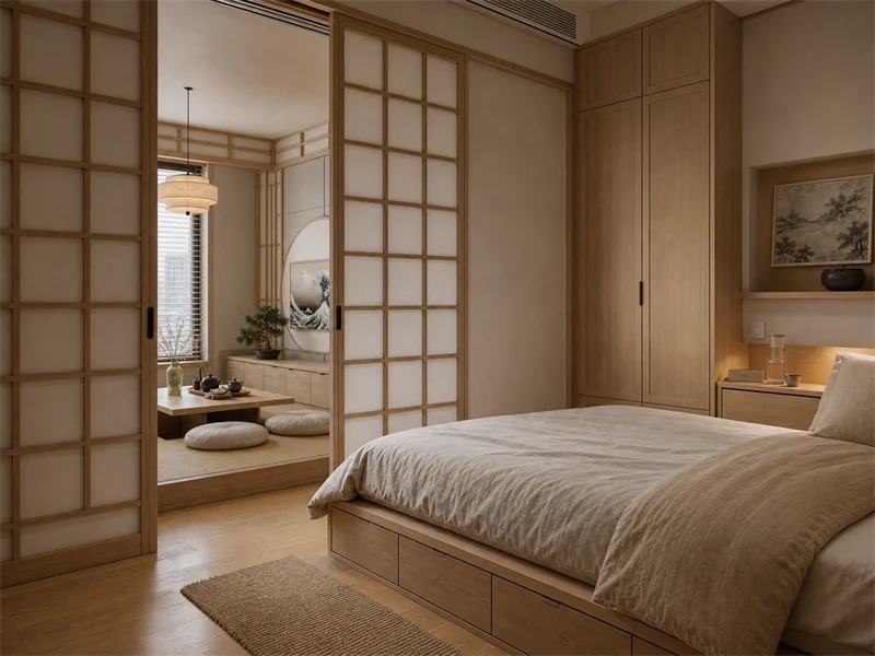 Phòng ngủ chung cư 40m² phong cách Nhật Bản với giường bục có ngăn kéo, tủ sát trần và vách trượt Shoji