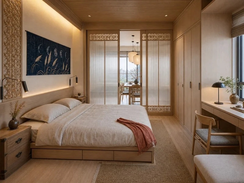 Phòng ngủ chung cư 50m² phong cách Nhật Bản với giường bục có ngăn kéo, tủ cao và bàn làm việc