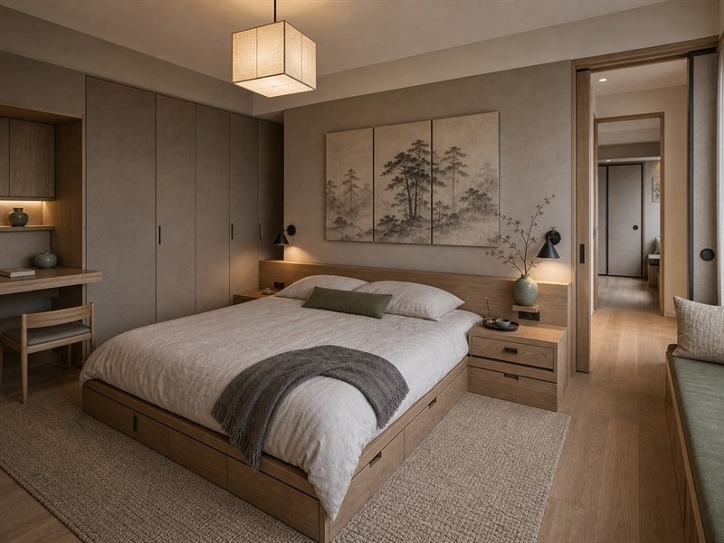 Phòng ngủ chung cư 60m² phong cách Nhật Bản với giường thấp có ngăn kéo, tủ cao sát tường và bàn làm việc