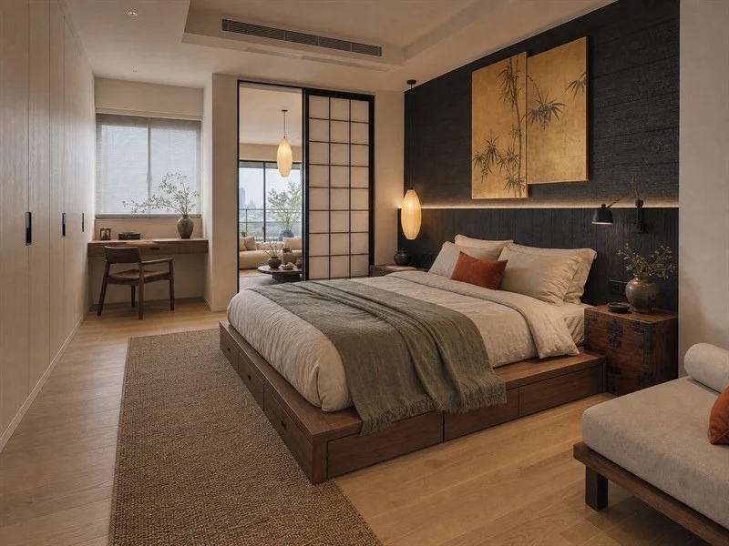 Phòng ngủ chung cư 70m² phong cách Nhật Bản