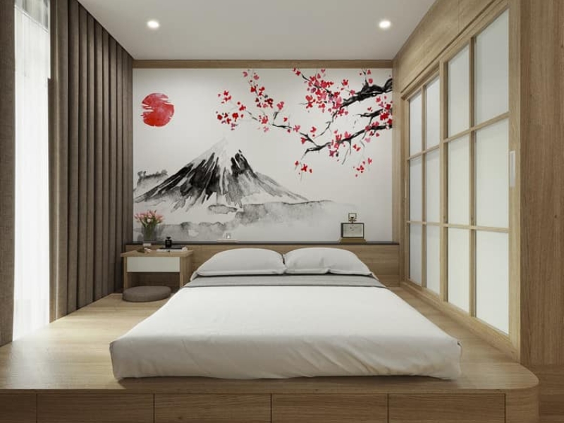 Phòng ngủ chung cư phong cách Nhật Bản với giường thấp trên bục gỗ có ngăn kéo và vách Shoji kính mờ 