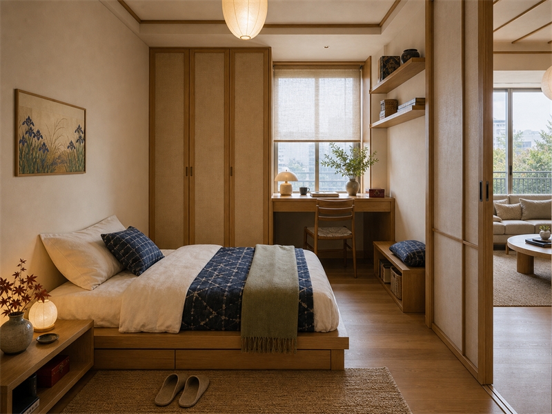 Phòng ngủ nhỏ chung cư 80m² phong cách Nhật Bản