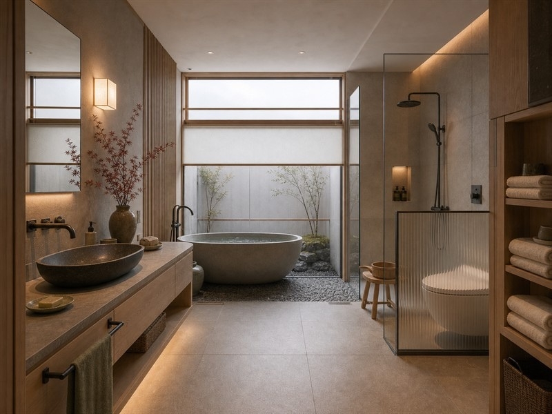 Phòng tắm chung cư 60m² dùng vách kính phân khu, giữ lavabo khô ráo