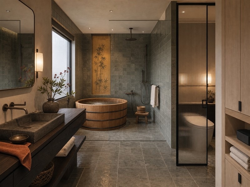 Phòng tắm chung cư 70m² phong cách Nhật Bản