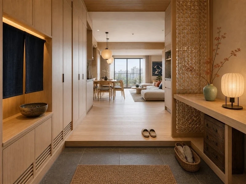 Lối vào Genkan chung cư 50m² phong cách Nhật Bản với sàn gạch thấp, tủ lưu trữ và giỏ đựng