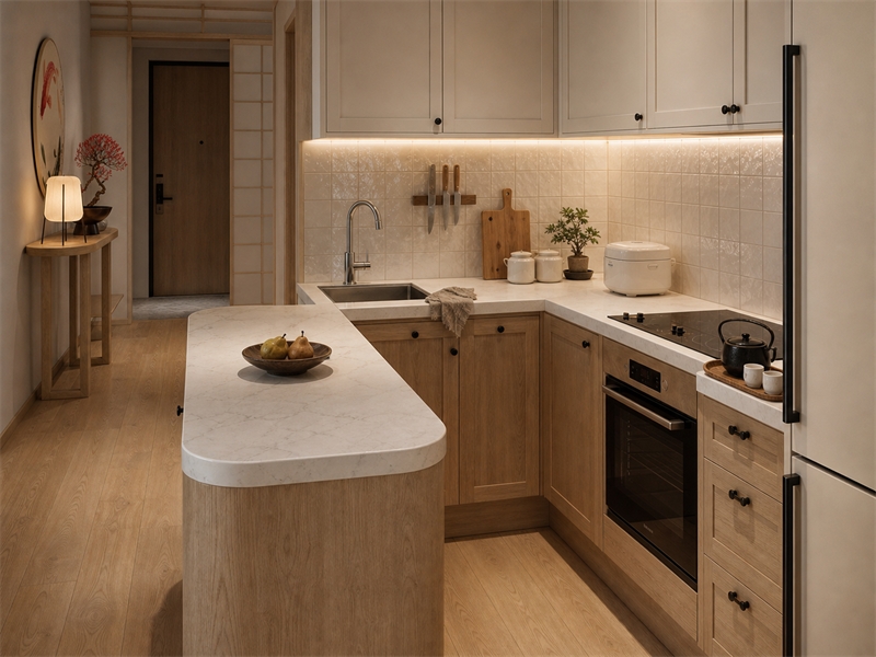 Tủ bếp chữ L trong chung cư 40m² phong cách Nhật Bản với mặt đá sáng, đèn hắt và thiết bị đặt sát tường