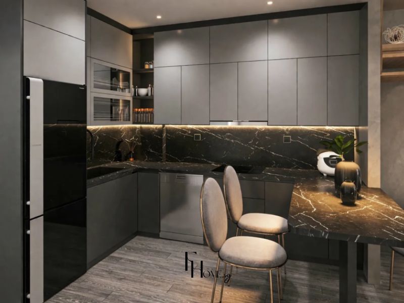 thiết kế nội thất căn hộ chung cư bếp tối giản tông đen marble