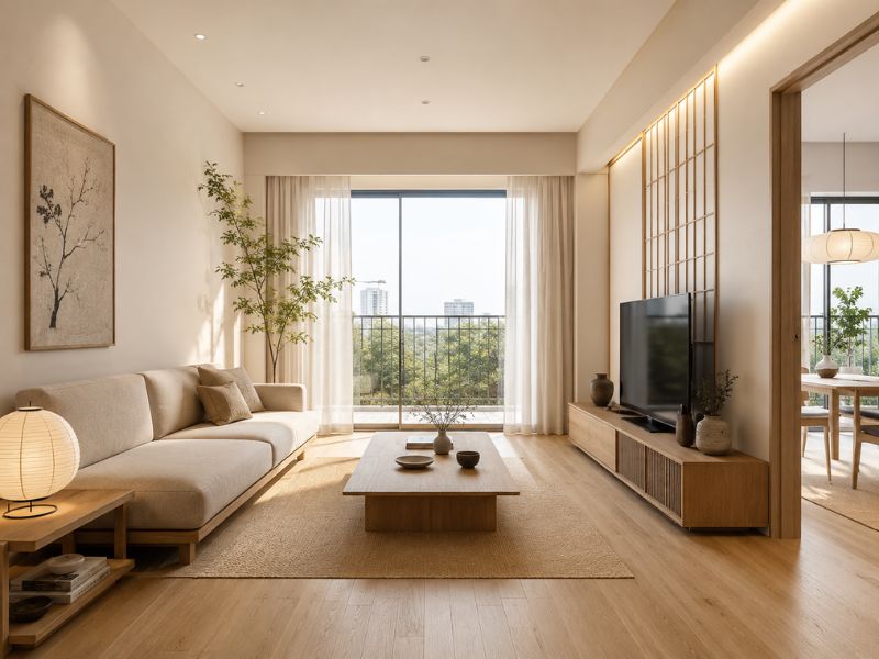 Phòng khách chung cư phong cách Nhật Bản với sofa thấp và gỗ sáng