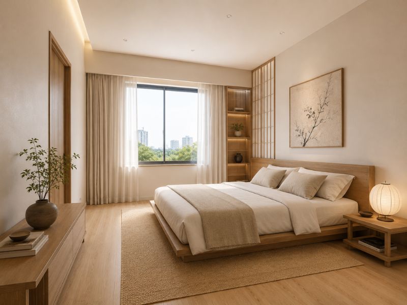 Phòng ngủ chung cư phong cách Nhật Bản với giường thấp và đèn giấy