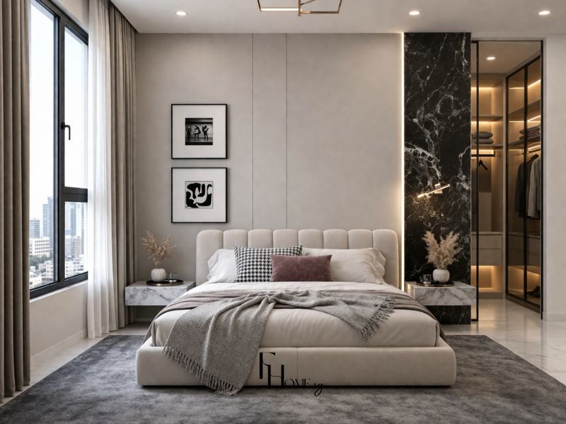 thiết kế nội thất căn hộ chung cư phòng ngủ master tối giản sang trọng